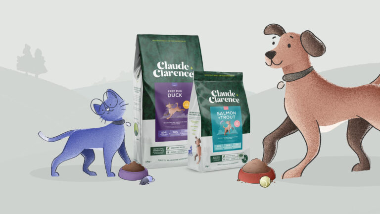 Illustrations of Claude the dog and Clarence the cat with some pack shots of the pet food against a grey background