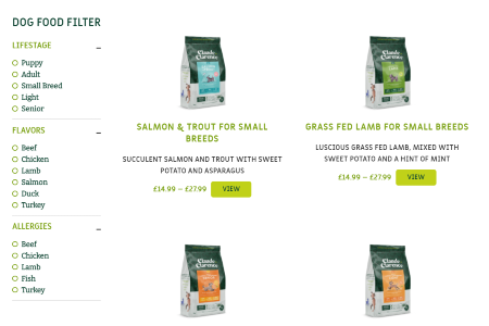 DJ pets product pages - Filtering 