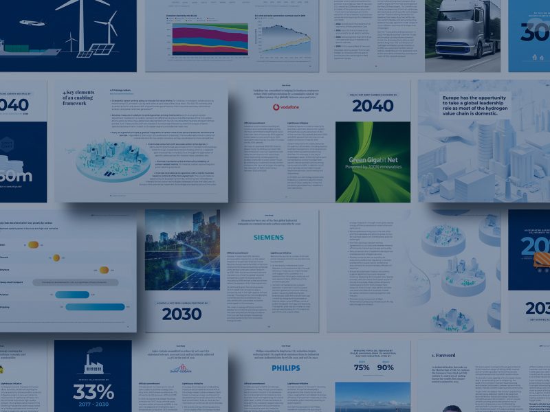 Collage of pages with charts, graphs, and text related to renewable energy, technology, and future trends from various reports.