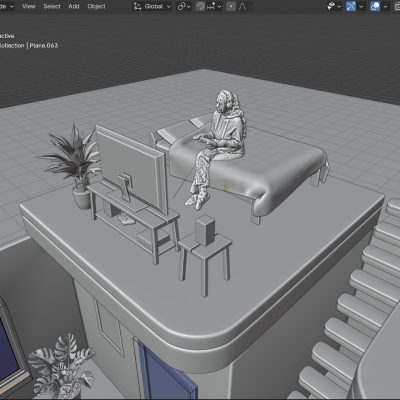 A 3D model displays a person sitting on a bed in a modern room, with a large TV, plant, and adjacent staircase.