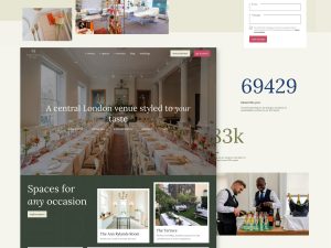 Collage of website screenshots showing elegant venue interiors, booking forms, event photos, and staff setting up drinks.