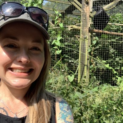 A woman wearing sunglasses and a cap smiles in front of a lush enclosure with a monkey resting on a wooden structure behind her.