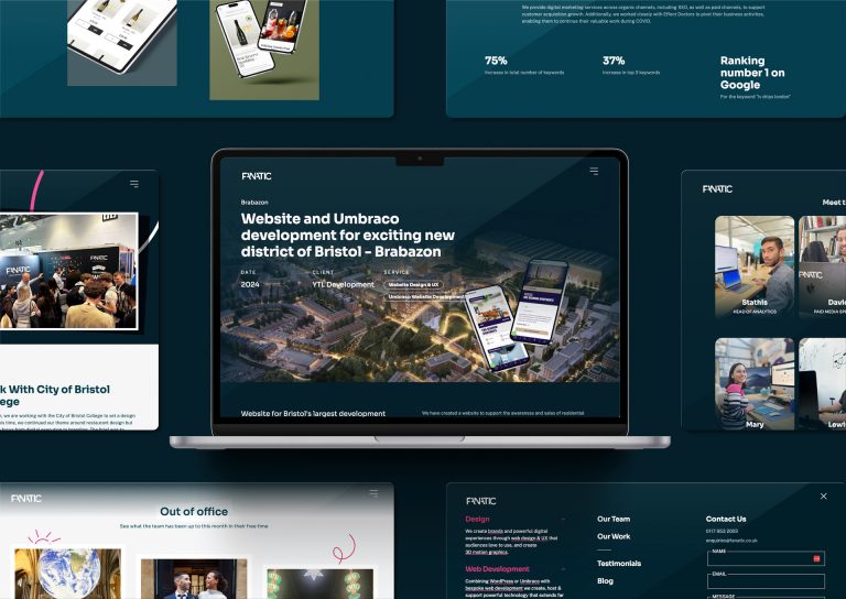An open laptop displaying a web page about web development for Bristol's Brabazon district, surrounded by related content snippets.