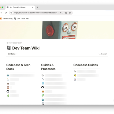 Screenshot of a Dev Team Wiki page on Notion, featuring sections titled 