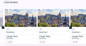 Split image showing cityscape with clock towers on the left and a web layout with text elements on the right.