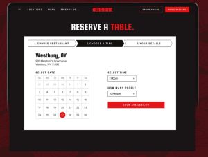 Website interface for reserving a table at a restaurant in Westbury, NY. Options include date, time, and number of people.