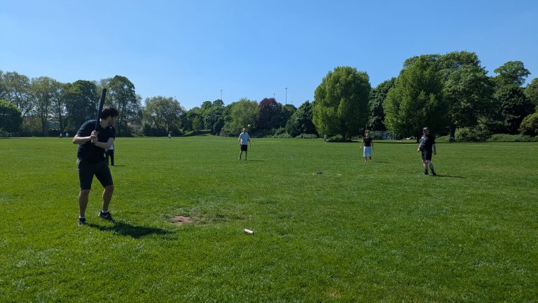People are playing cricket on a large grassy field under a clear blue sky, surrounded by trees in a park setting.