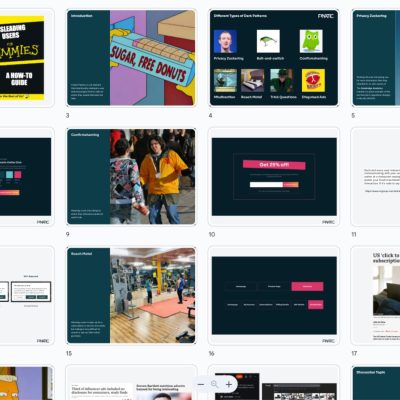 A grid of images and text slides featuring topics like 
