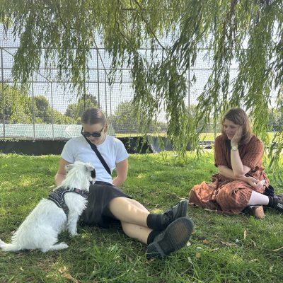Two people sit on grass under a tree; one plays with a white dog. The other person watches, smiling. Sunlight filters through leaves.