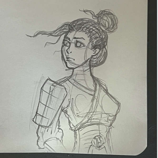 Pencil sketch of a woman with a bun, looking to the side. The figure is wearing armor on one shoulder and has a thoughtful expression.