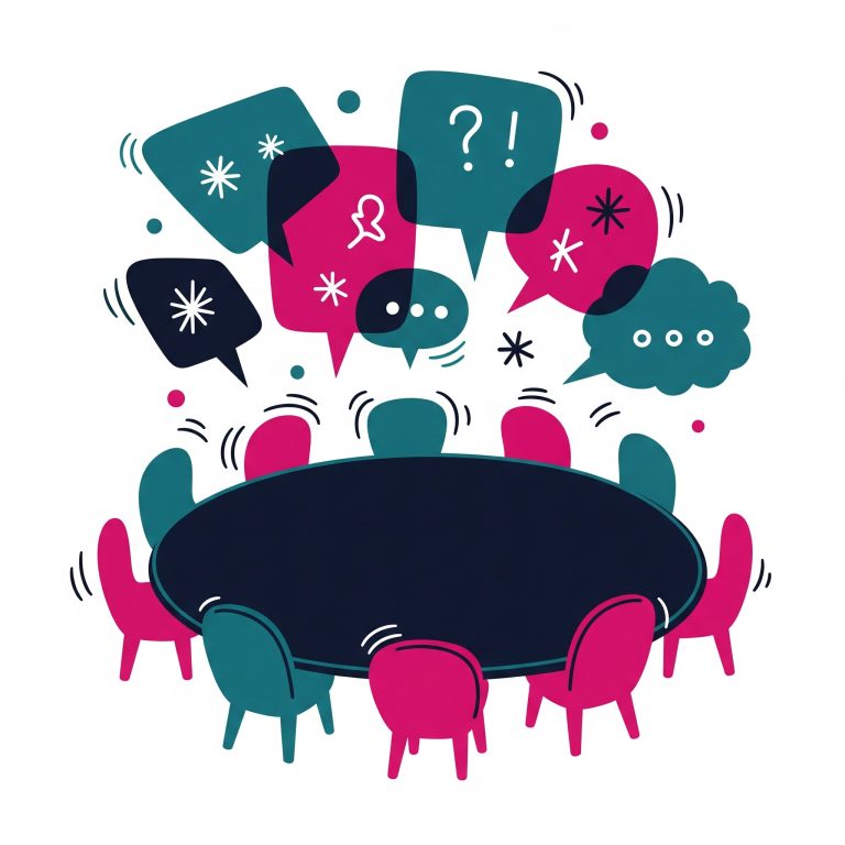 Illustration of a round table with empty chairs, surrounded by various speech bubbles with symbols, indicating a lively discussion.